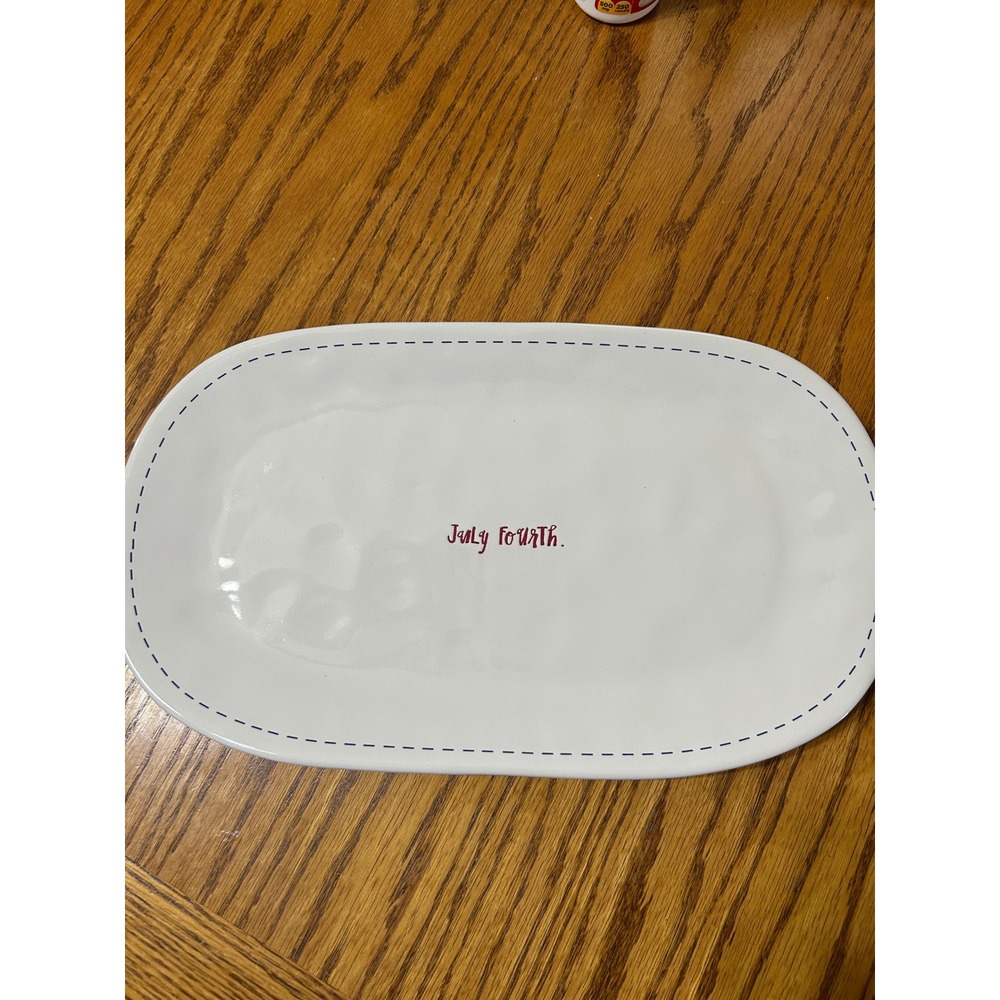 Rae Dunn July Fourth Serving Platter Oval Ceramic Patriotic Holiday Tray White